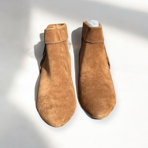🌻NEW w/box Lucky Brand Zakina Oiled Suede Tan Fringe Detailed Booties Size 9.5 - Picture 5 of 12